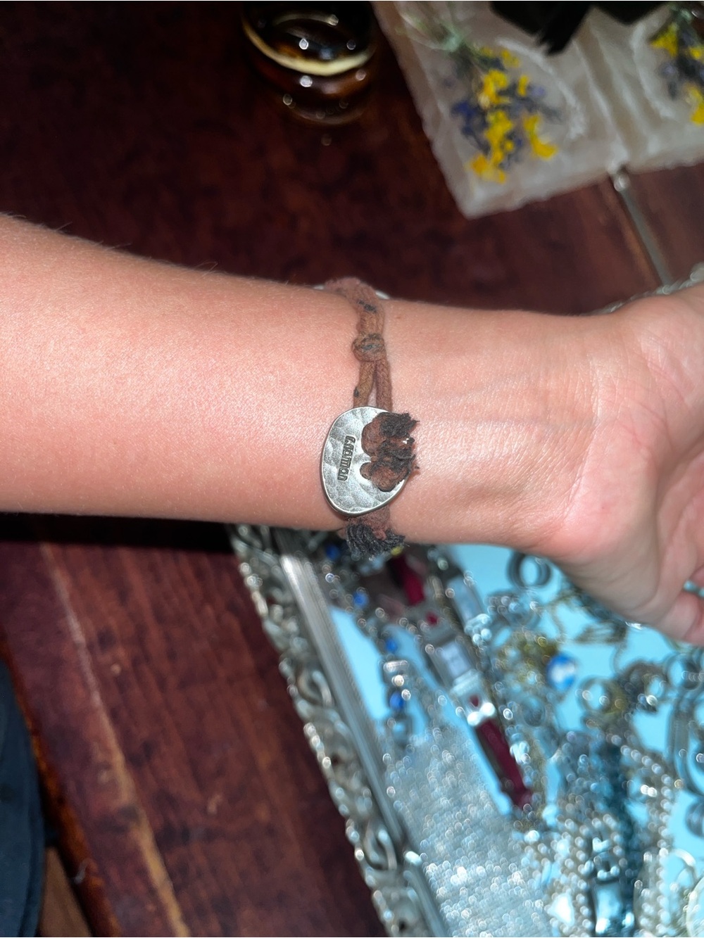 Silver Circle Cluster Pendant on Brown Cord bracelet - Picture 3 of 3